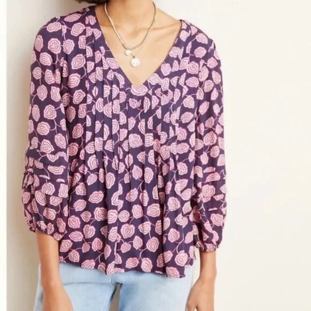 Maeve by Anthropologie Cathy Pleated V-Neck Blouse Pink/Purple Floral Size XS